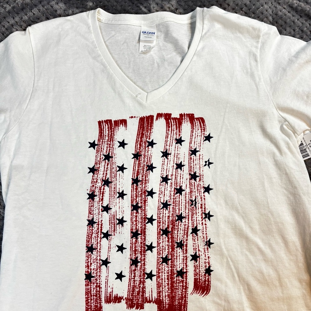 Gildan Woman’s American Flag White Tee with Red Stripes and Blue Stars